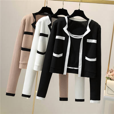 Color-blocking knitted cardigan jacket for women's early autumn 2026 new style, trendy and stylish halter top two-piece set