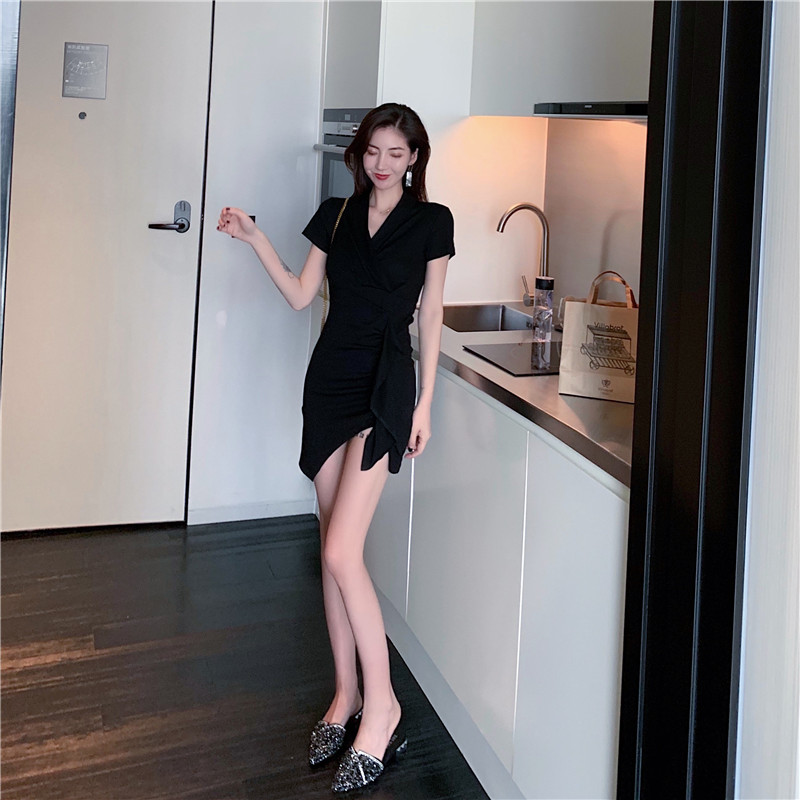 VK旗艦店 韓系不規則修身顯瘦荷葉邊短袖洋裝