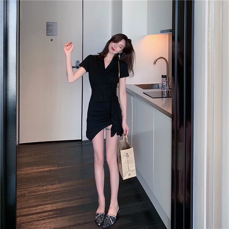 VK旗艦店 韓系不規則修身顯瘦荷葉邊短袖洋裝