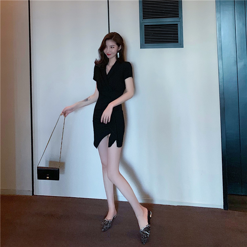 VK旗艦店 韓系不規則修身顯瘦荷葉邊短袖洋裝