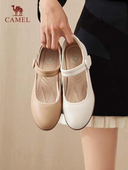 骆驼女鞋2025春秋季牛皮玛丽珍妈妈鞋坡跟镂空真皮单鞋女小皮鞋