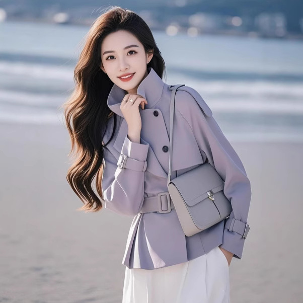 Fl250005 Early Spring Casual Korean Style Super Stylish Short Purple Trench Coat for Women, Spring Trench Coat for Petite Women Fl250005 Early Spring Casual Korean Style Super Stylish Short Purple Trench Coat for Women, Spring Trench Coat for Petite Women