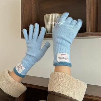 Ins style korean-style patchwork knitted gloves for women in winter, extended fingerless fingerless touch screen cold-proof warm gloves