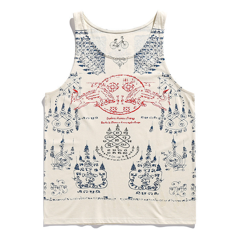 Summer National Trend Thai-Style Scripture Retro Print Pure Cotton Men's Sports Fitness Tank Top Thai Vest Short-Sleeve T-Shirt