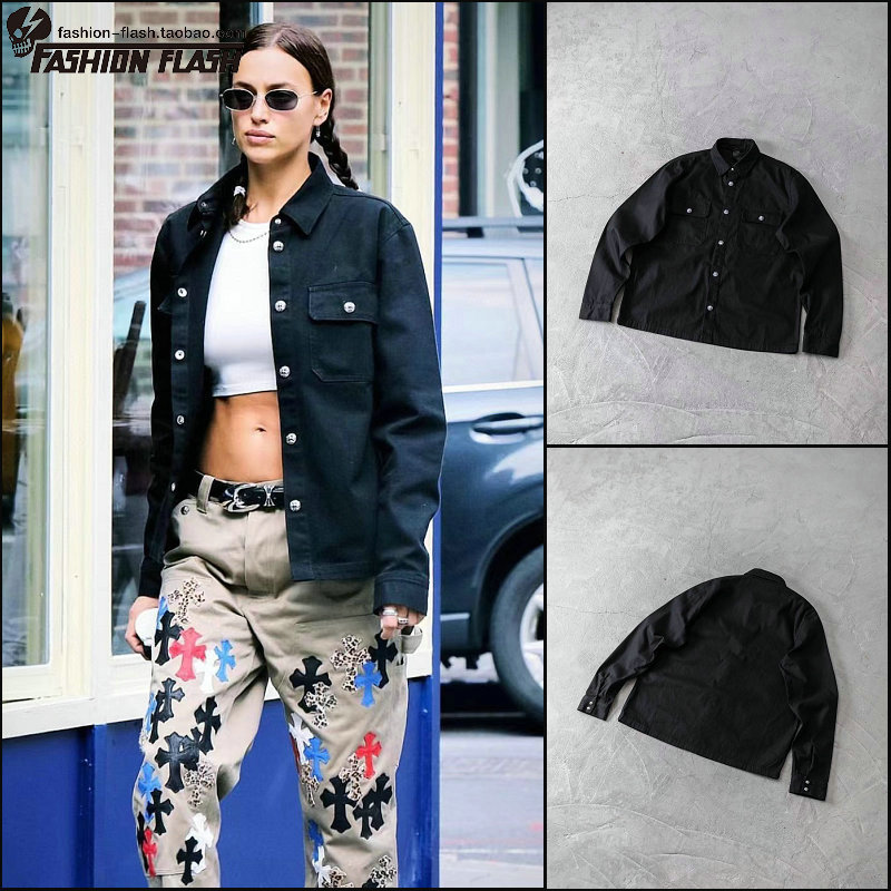 High Street Silver-Plated Buckle Heavy-Duty Washed Vintage Workwear Jacket Shirt Black Coat Unisex Versatile Trendy Clothing