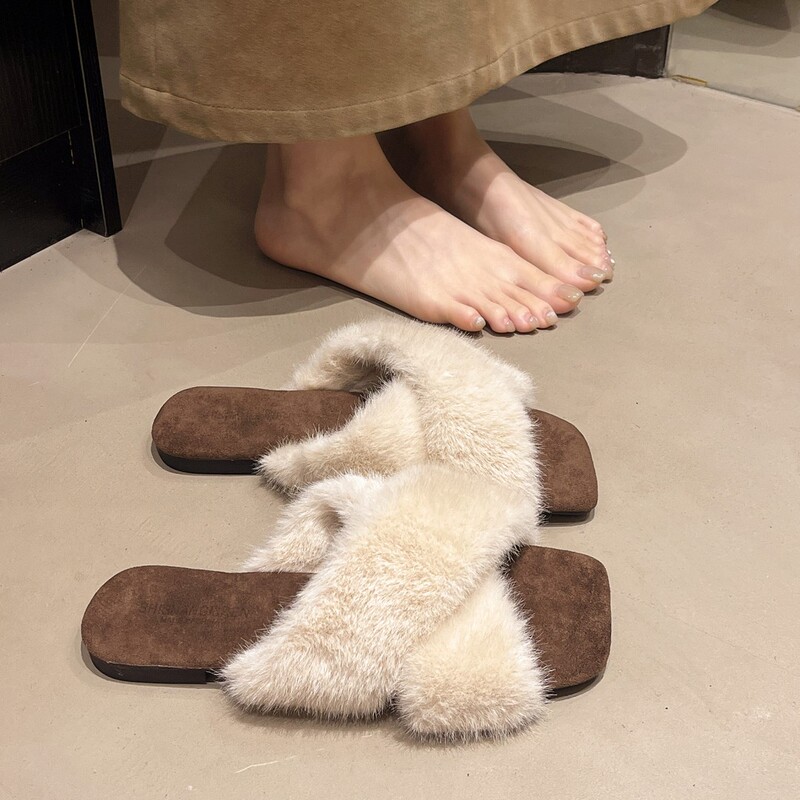 Trendy Casual Versatile Furry Slippers for Women, Suitable for Outdoor Wear, 2025 New Spring and Autumn Comfortable Home Slip-On Cotton Slippers