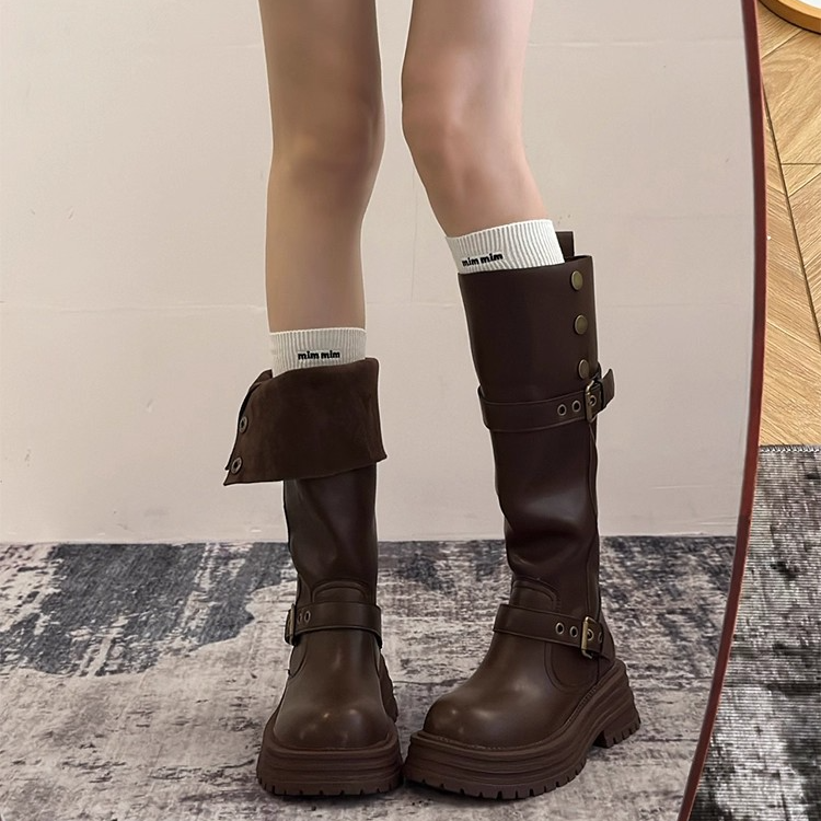 Увеличивающие рост сапоги на толстой подошве в британском стиле в стиле ретро; сезон осень-зима; новинка 2025 года; высокие рыцарские сапоги на тонкой подошве