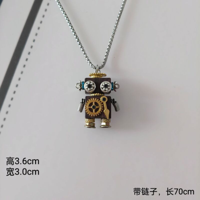 Handmade DIY Punk Wooden Block Robot Accessories Screw Gear Pointer Keychain Necklace Pendant Gift