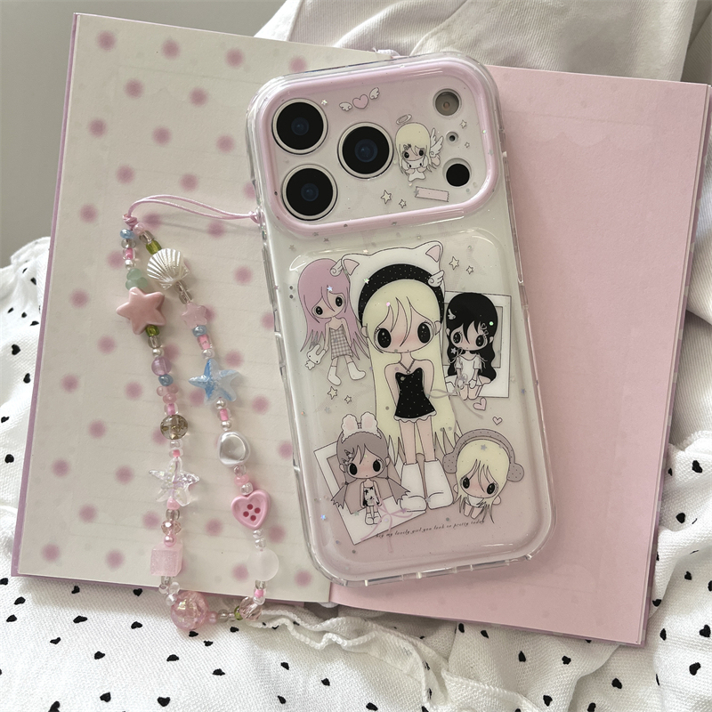 Korean-Style Cute Cartoon Anime Girl Bracelet Case for iPhone 17 Pro Max, Compatible with iPhone 16 Pro, Purple Yellow-Haired Girl Bread Hard Case for iPhone 15 Pro, Shockproof