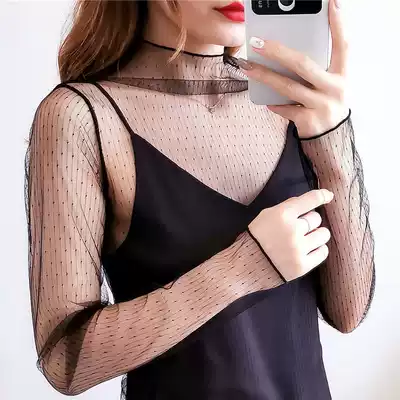 Super fairy top with suspenders Super fairy fashion hollow transparent black mesh bottoming shirt women's perspective inner lace