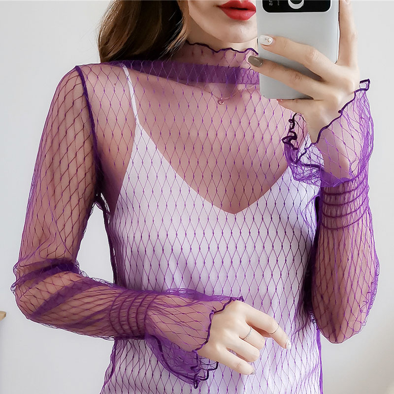 Purple mesh base shirt Women's long-sleeved lace semi-turtleneck flared sleeves Mesh mesh mesh inner top transparent perspective