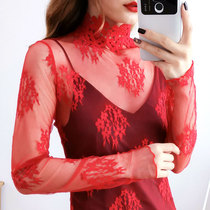 Big red lace collar lace base shirt womens long-sleeved super fairy thin section with hollow autumn and winter high-neck mesh top