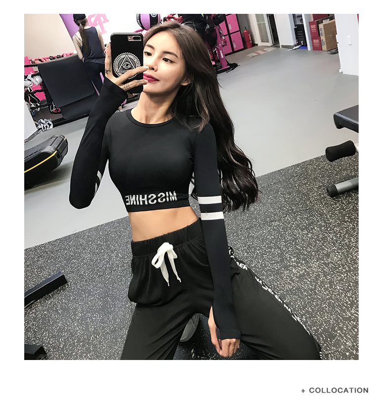Sports Long Sleeve T-shirts Women Quick-drying Running Seamless Printed Letters Crop Top Gymnastics Training Short Yoga Clothing