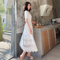 2022 summer dress new cotton white hollowed-out solid flower to receive waist display slim fit dress fairy skirt long style