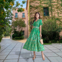 Seaside holiday dress 2022 Early spring green in long dress Temperament Style Commute Display Slim Hollowed-out High Waisted Dress Woman