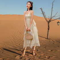 2022 new high waist one-piece dress yarn spring and summer fresh fairy harness Temperament Beach Temperament Korean Alice nepotism