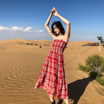 Retro red plaid harness with dress and summer small frescoed superfairy seaside holiday small sub-conspicued slim long dress