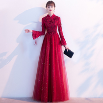 Chinese bride toast 2021 new wine red little man engagement wedding evening dress dress dress women long sleeve winter