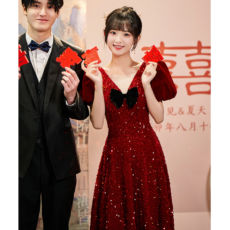2026 New Style Bridal High-End Niche French Women's Spring Wedding Engagement Dress Red Sequin Evening Dress