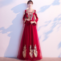 Bride toast 2021 new wine red long sleeve Chinese style little man wedding dress dress women engaged winter