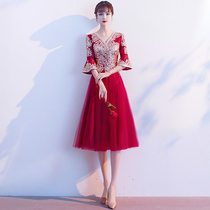 Toast bride small man can usually wear medium and long wine red wedding engagement female Chinese style dress winter