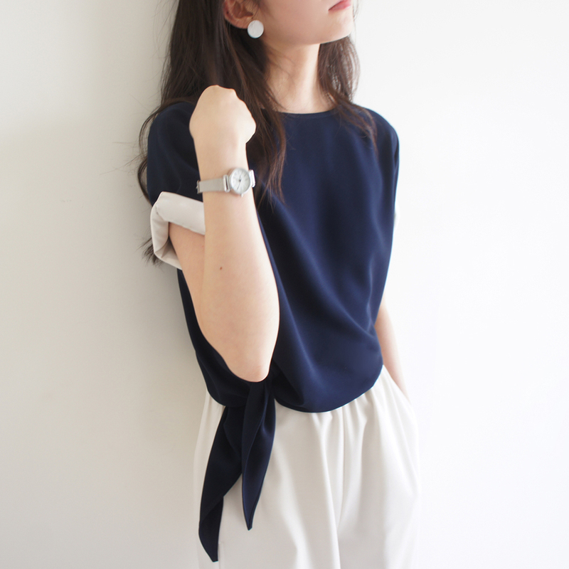 Lost and Found Navy Blue Contrasting Color Fake Two-Piece Sporty Pullover Round Neck Tie Loose Shirt Short Sleeves