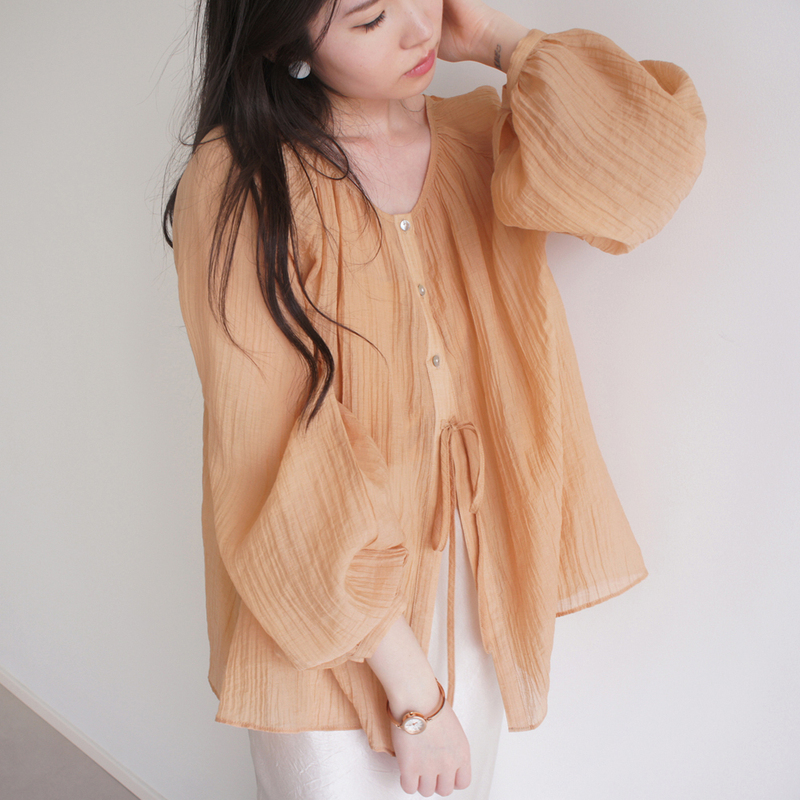 Lost and Found Sweet Orange Round Neck Dark Vertical Stripe Lantern Long Sleeve Gentle Loose Tie-Up Shirt Top