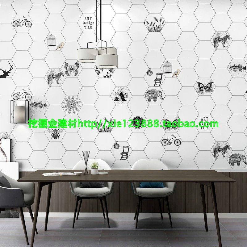 Black and white hexagonal tile 200X230 animal and plant diagram Dining room chain kitchen and bathroom wall tiles and floor tiles hexagonal tiles