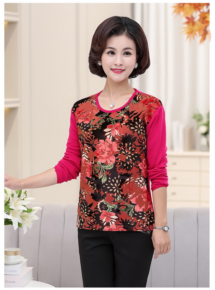 Quần áo phụ nữ trung niên mùa thu đông cộng với đồ lót nhung dày nhiệt cho mẹ áo thun dài tay chạm đáy áo sơ mi ngắn đầm dài qua gối cho tuổi trung niên