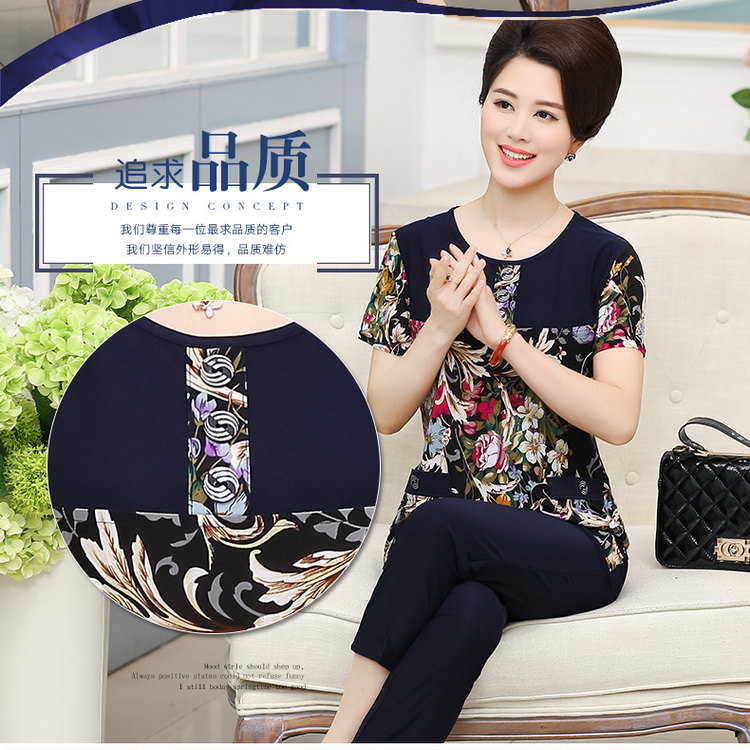 Mẹ nạp mùa hè ngắn tay phù hợp với phụ nữ trung niên của kích thước lớn áo + quần bà nạp lỏng hai mảnh áo sơ mi trung niên
