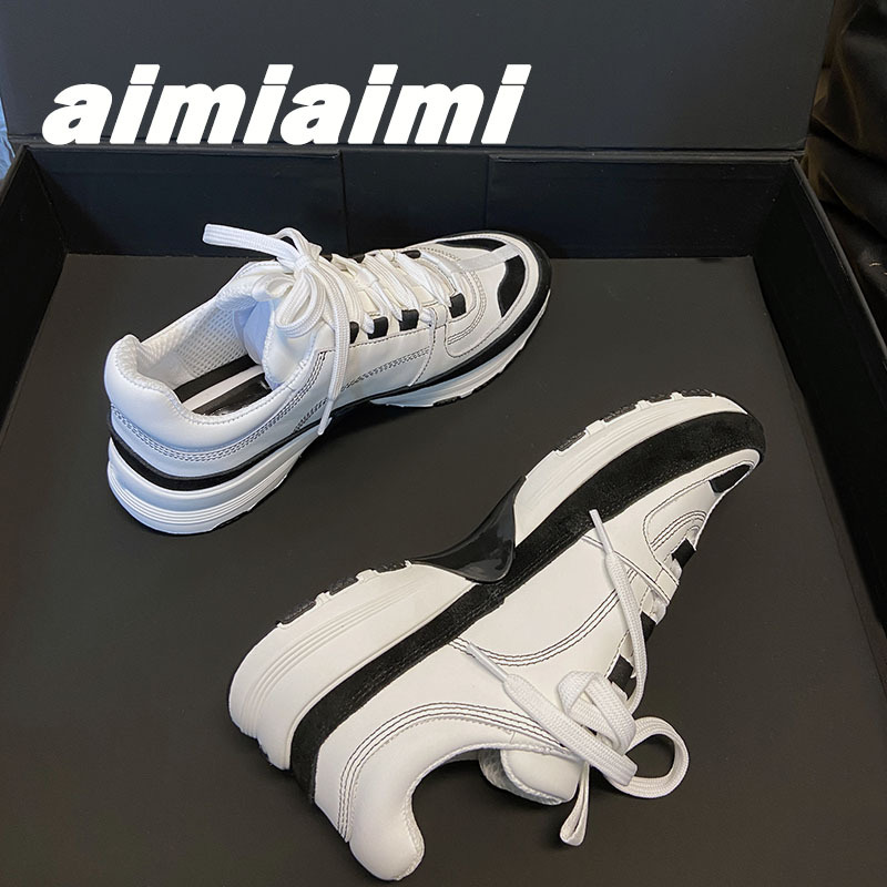 [Aimi]~25Ss Thick-Soled Sports Fashion Casual Shoes, Comfortable and Versatile Panda Shoes for Women, Lace-Up Height-Increasing Running Shoes