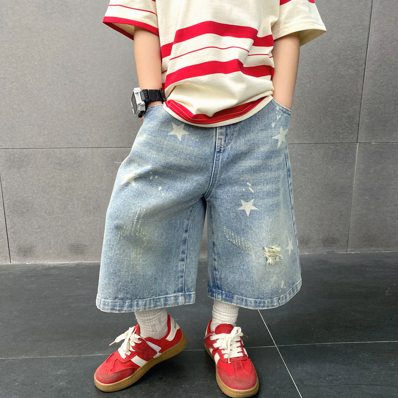 Boys' Denim Shorts American Style Ripped Cropped Jeans Children's Summer Loose Light Blue Distressed Wide-Leg Pants