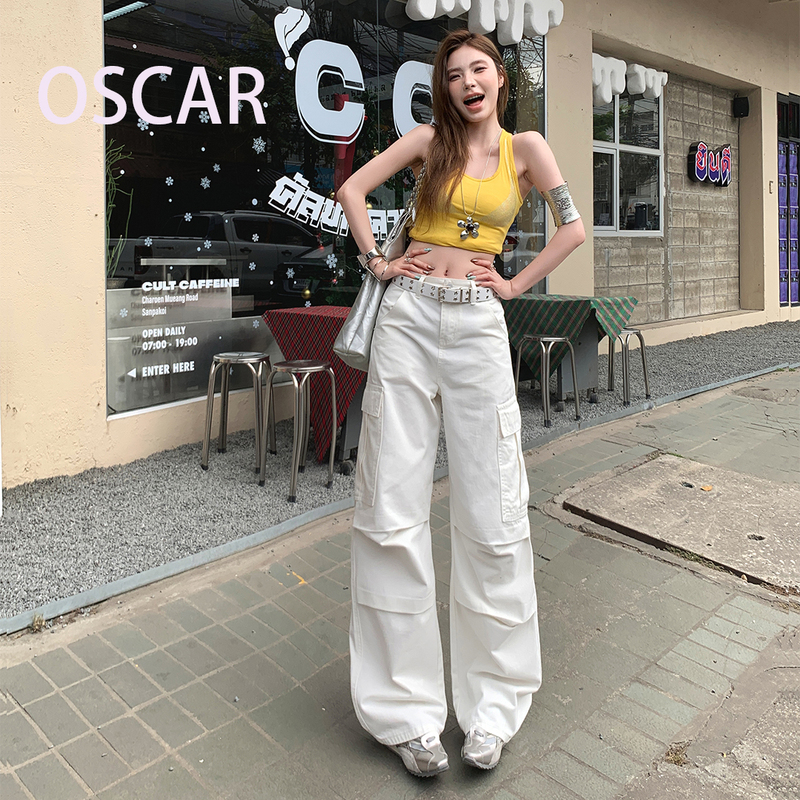 American-Style Personalized Fashion White Workwear Wide-Leg Pants for Women, Spring and Summer High-Waisted Slimming Multi-Pocket Loose Casual Long Pants