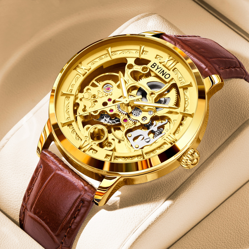 2025 New Swiss Watch Men's Mechanical Watch Fully Automatic Hollow Waterproof Luminous Gold Watch Fashion Trendy Men's Watch