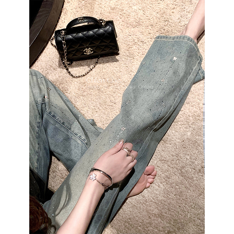 Chien Shattered Galaxy Heavy-Duty Rhinestone Straight-Leg Pants High-End Vintage Washed Blue Jeans for Women Chien Shattered Galaxy Heavy-Duty Rhinestone Straight-Leg Pants High-End Vintage Washed Blue Jeans for Women