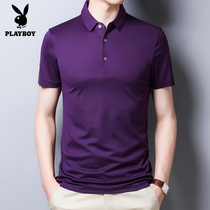 Flowers Playboy Mulberry Silk Short Sleeve T-Shirt Male Summer Ice Silk Men Turn Polo Shirt Pure Color Half Sleeve Daddy Dress