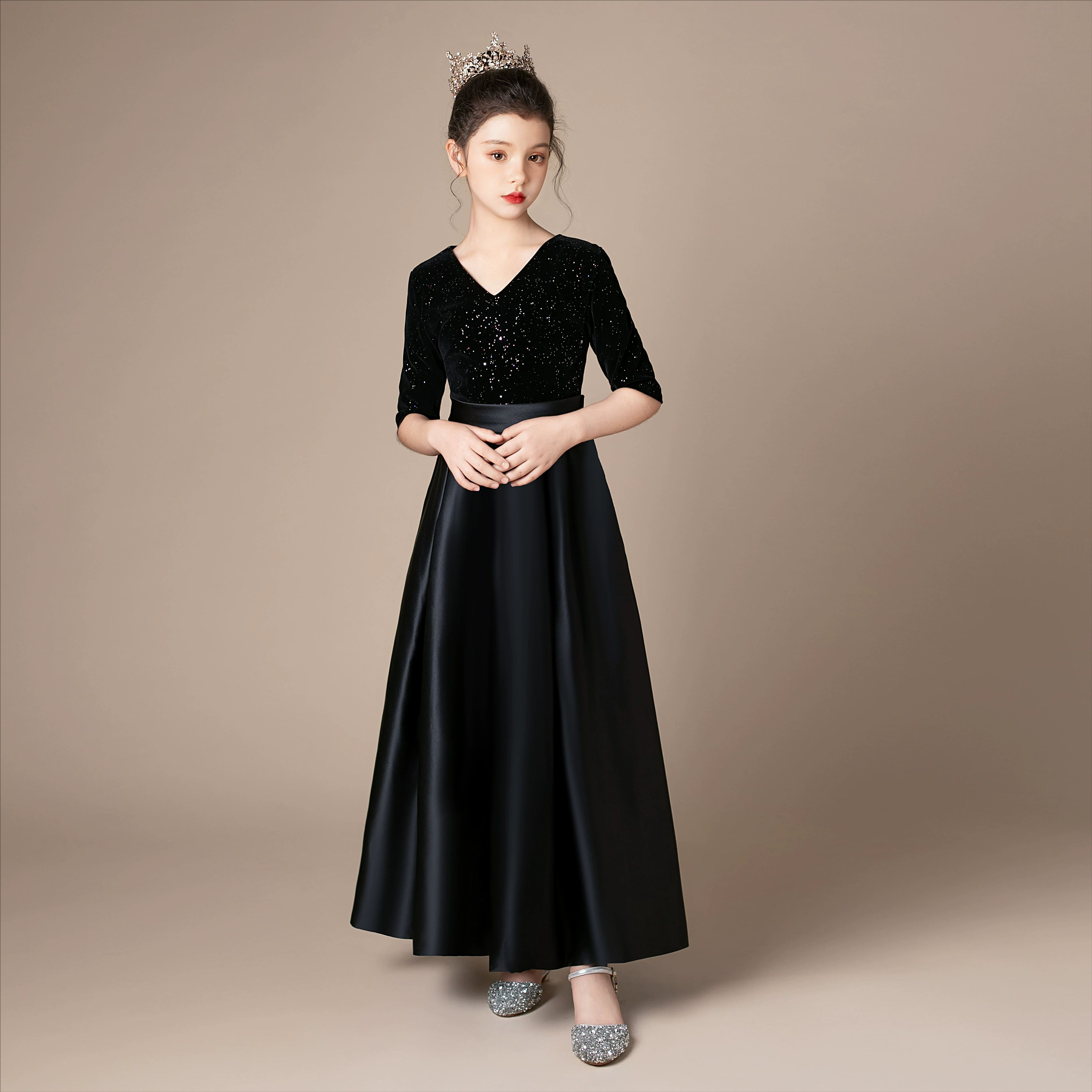 Black Girl Piano Violin Velvet Sleeve Performance Costume Host Girls Dress  Orchestra Cantata