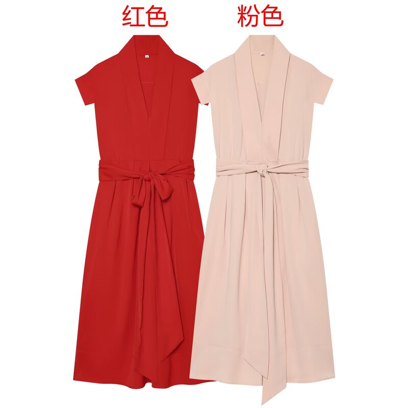 French-Style Gentle Tea Break Dress for Women, with Green Fruit Lapel, Short Sleeves, Waist Tie, V-Neck Wrap, Elegant and Versatile Long Dress French-Style Gentle Tea Break Dress for Women, with Green Fruit Lapel, Short Sleeves, Waist Tie, V-Neck Wrap, Elegant and Versatile Long Dress