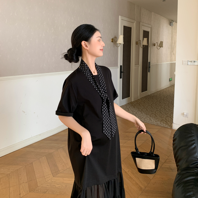 Zma【Free Polka Dot Ribbon】 ● Maternity Dress Summer New Short-Sleeved Chiffon Skirt Black A-Line Long Skirt for Women