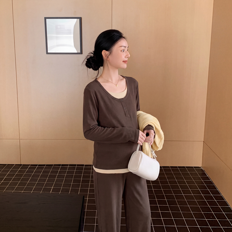 Zma Goes to Meet Tea Brown ● Maternity Wear Set, New Autumn Style, Fake Two-Piece Top for Women, Autumn and Winter Melard Maternity Pants