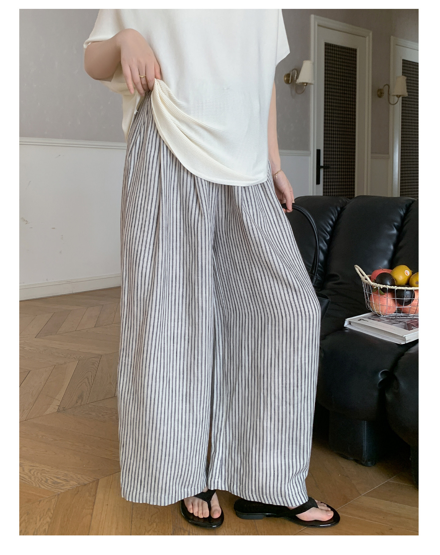 Zma Vertical Stripe Linen ● Maternity Pants Summer Thin Style 2026 Summer Collection Relaxed Loose Wide-Leg Pants Pregnancy Long Pants — 30