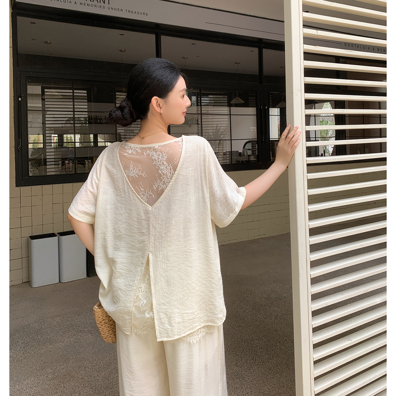Zma Lace Splicing·Maternity Wear Set Summer New Design Top Loose Wide-Leg Maternity Pants Summer