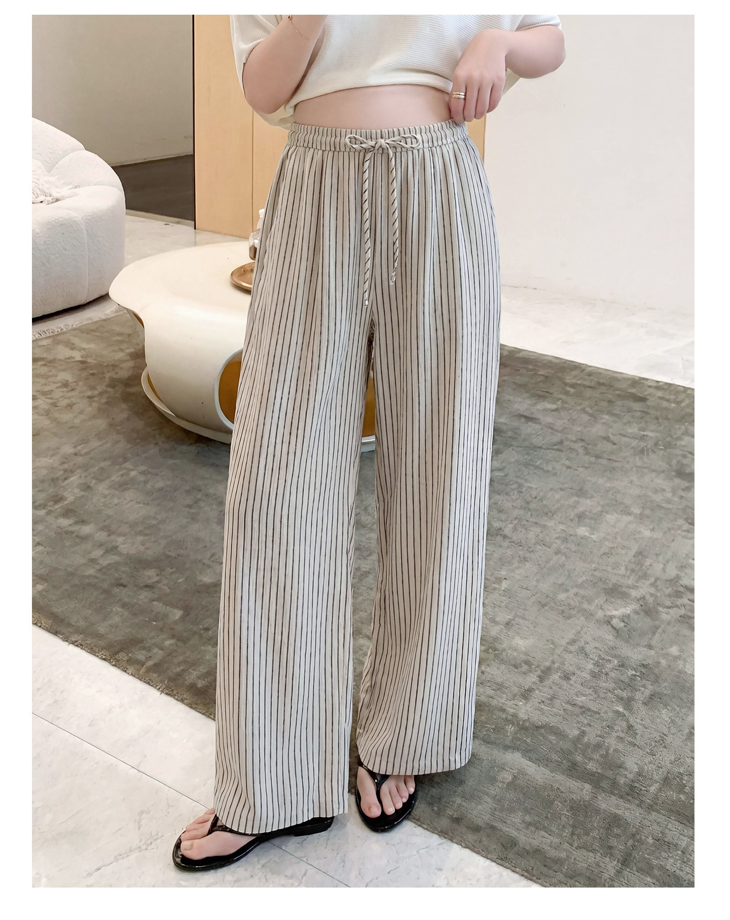 Zma Vertical Stripe Linen ● Maternity Pants Summer Thin Style 2026 Summer Collection Relaxed Loose Wide-Leg Pants Pregnancy Long Pants — 39