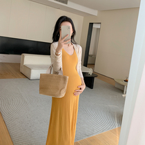 ZMA Gestational Woman Dress Spring Dress 2024 New Ice Silk Dress Suit Foreign Gas Trendy Summer Pregnant Woman Hanging Strap Skirt