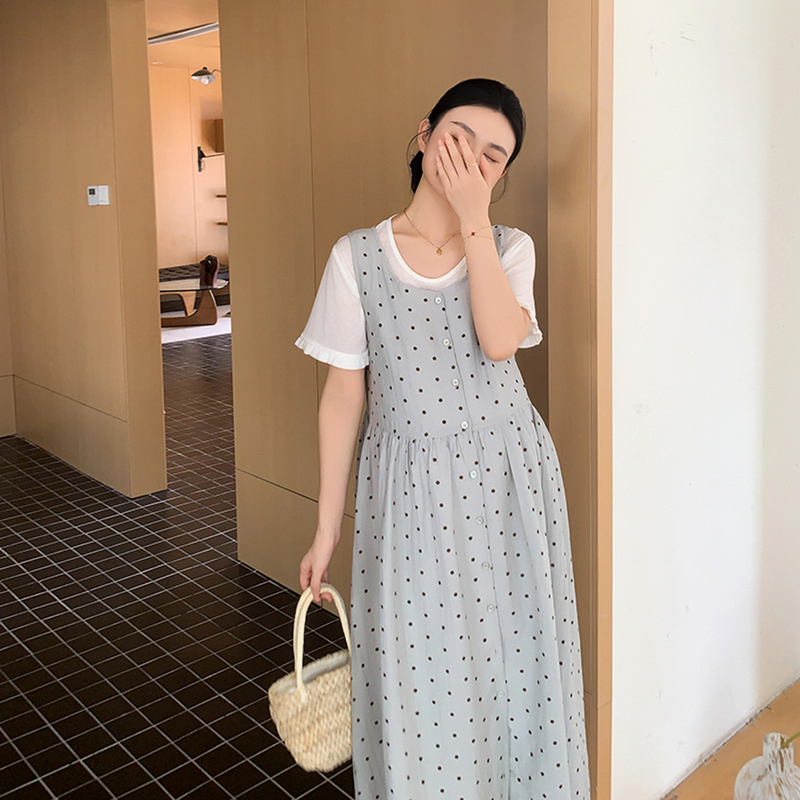 Zma French Polka Dot·Maternity Dress Suit Summer New Short-Sleeved Top Women's Pregnancy Linen Long Skirt