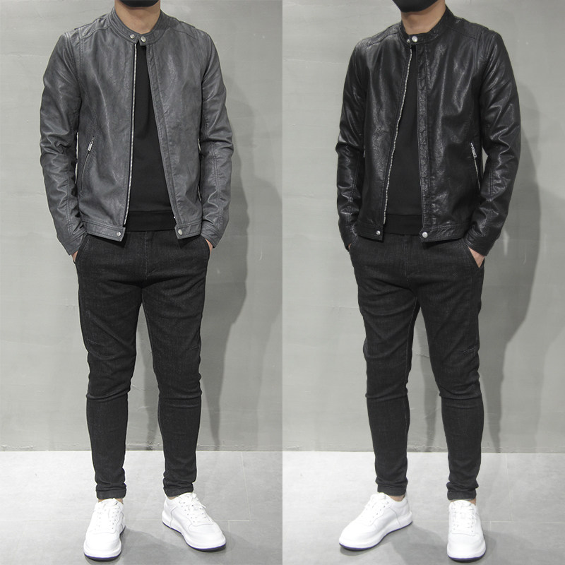 Autumn-Winter Line Leather Clothes Men's Trend PU Leather Cover Han Tide Cutting Leather Jacket Simply Little