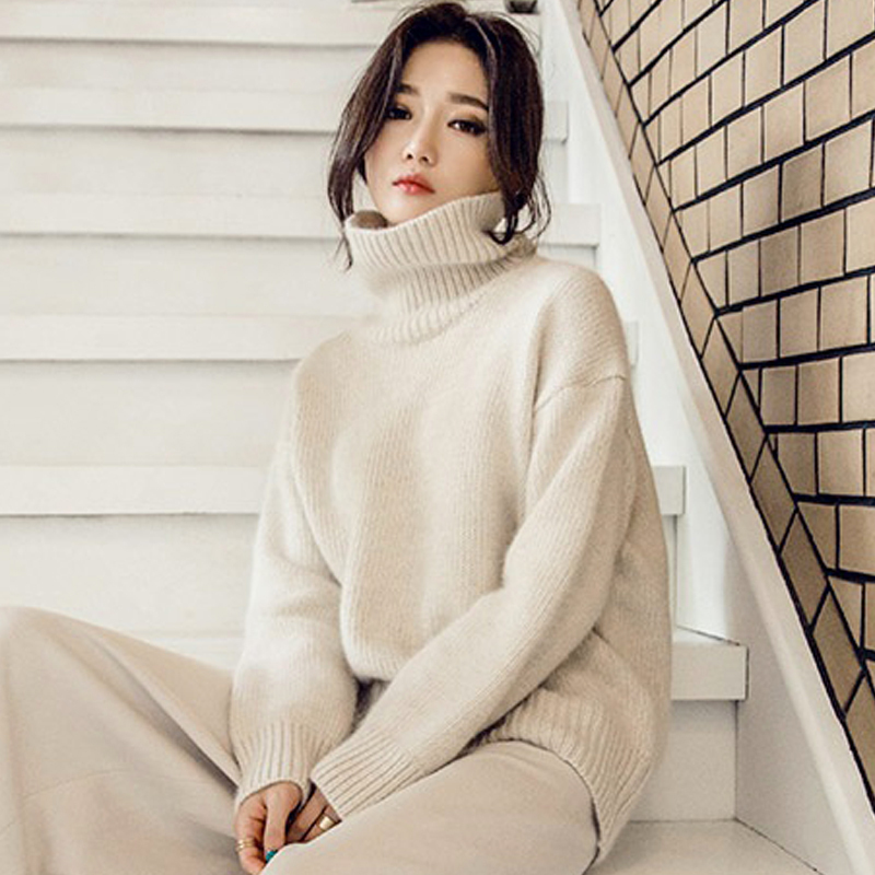 Turtleneck Sweater for Women, New Autumn and Winter Style, Loose Fit, Lazy Style Knitwear, Thickened, Versatile, Stacked Collar, Long-Sleeved Base Shirt