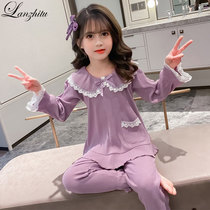 Girls' pajamas suits spring and autumn children's autumn pure cotton long sleeves thin lace lace-edged princess style home clothes