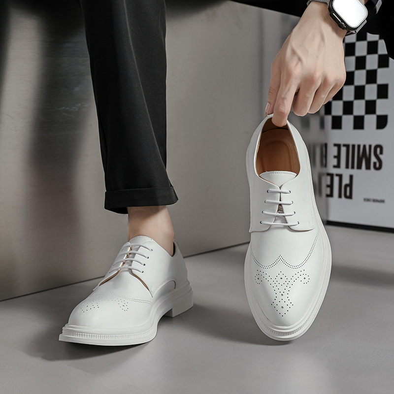 Men's White Leather Shoes, All-White Brogue Shoes for Studio Wedding Photography, Groom Shoes, Team Performance Shoes, Size 46 Large Size Shoes