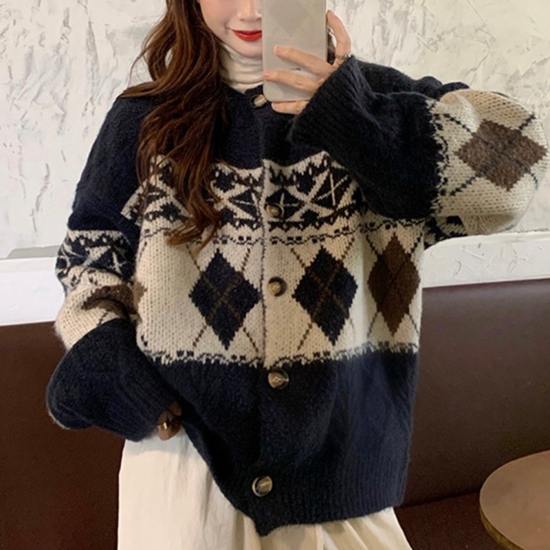 CHERRYKOKO retro stitching jacquard long sleeve T-shirt Korean version loose Fashion Sweater Cardigan Jacket Women